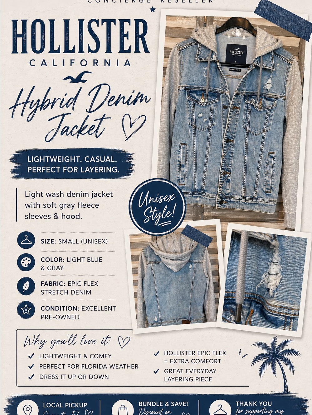 Hollister Light Blue Denim Jacket with Gray Hoodie Sleeves